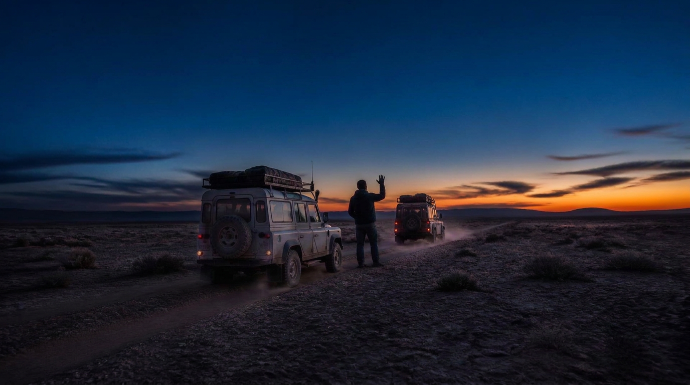 Two vehicles on a remote desert track at dusk with an operator raising a handheld radio