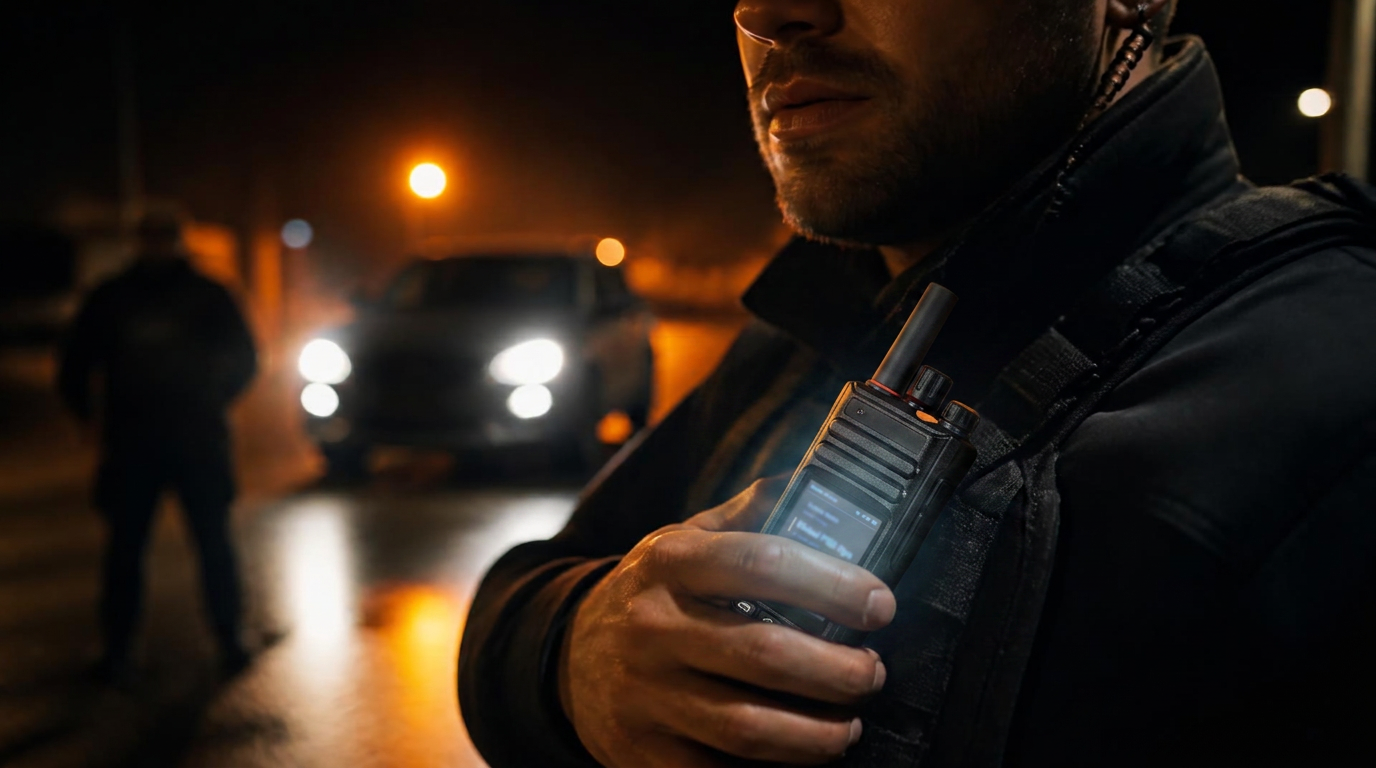 Security operator at night with a rugged handheld radio held against his chest rig